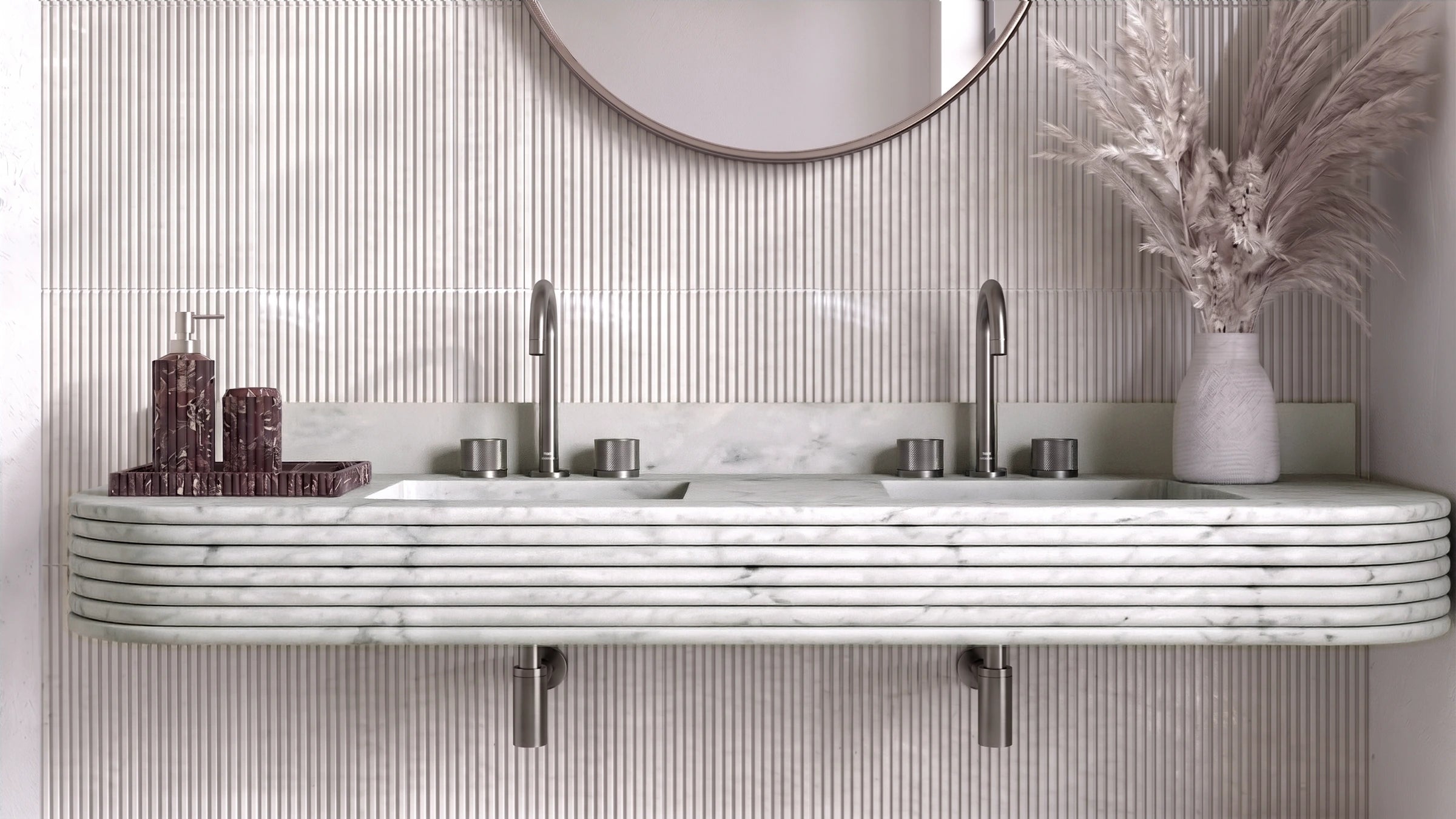 Carrara White Marble Floating Double Fluted Bathroom Sink — 4" Backsplash — 60"