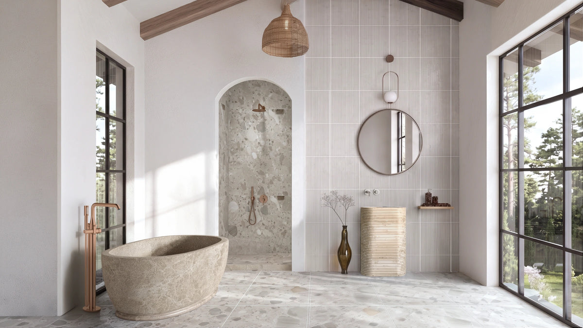 Vein-Cut Beige Travertine Pedestal Fluted Bathroom Sink — 28"