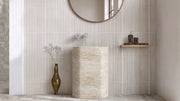Vein-Cut Beige Travertine Pedestal Fluted Bathroom Sink — 28"