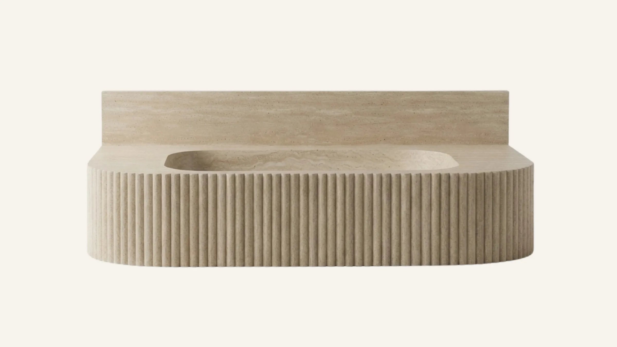 Vein-Cut Beige Travertine Floating Fluted Bathroom Sink — 4" Backsplash — 30"