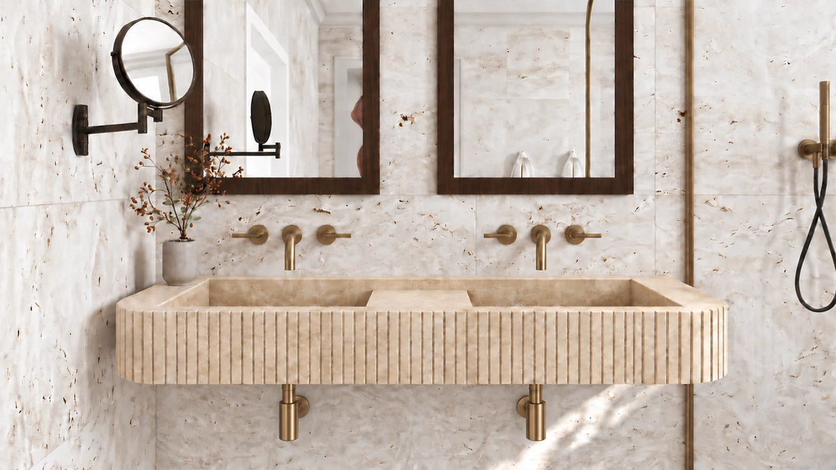 Cross-Cut Beige Travertine Floating Double Ribbed Bathroom Sink — 48" — bathroom lifestyle