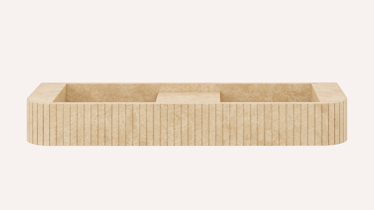 Cross-Cut Beige Travertine Floating Double Ribbed Bathroom Sink — 48" — product view