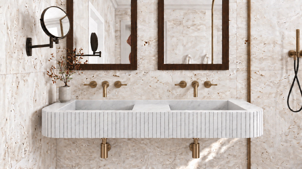 Carrara White Marble Floating Double Ribbed Bathroom Sink — 48" — bathroom lifestyle