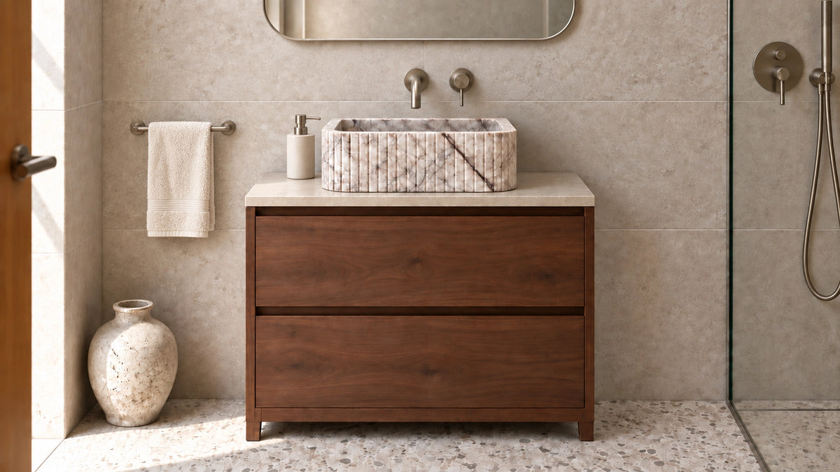 Lilac Marble Floating Ribbed Bathroom Sink — 20" — bathroom lifestyle