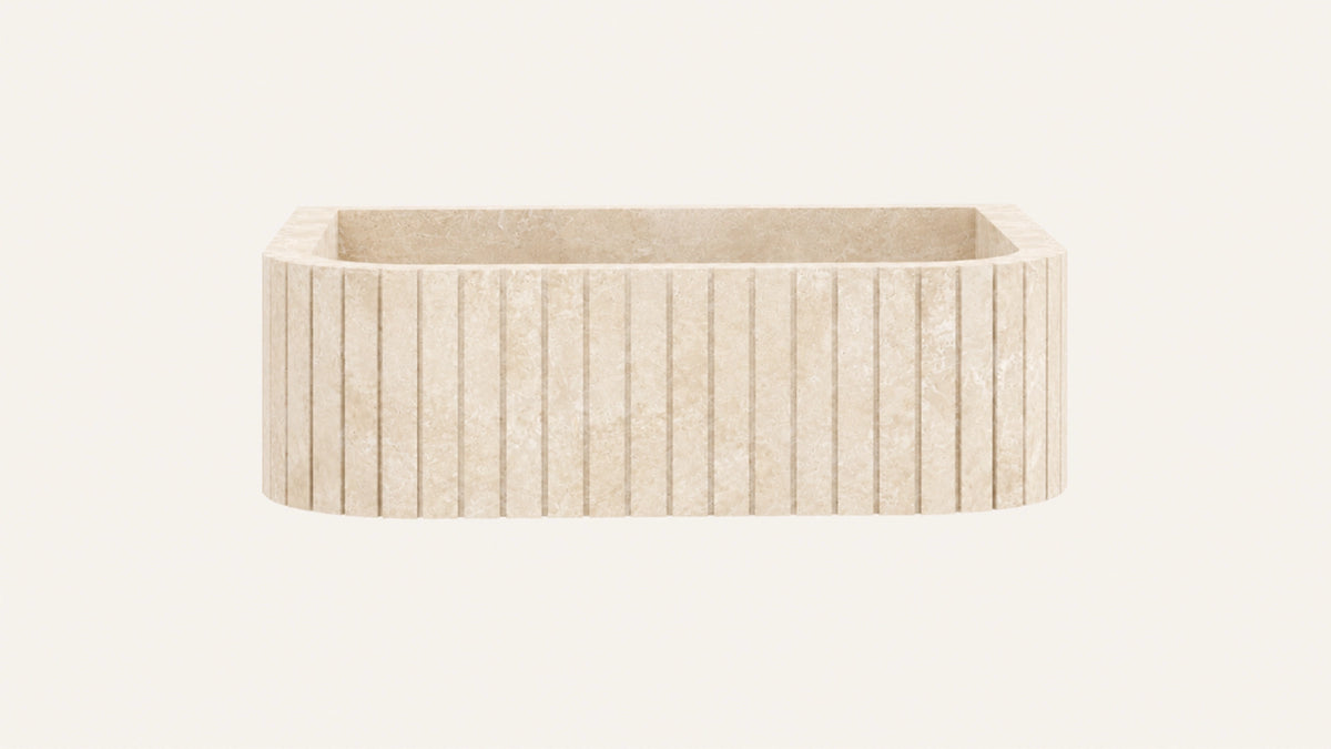 Cross-Cut Beige Travertine Floating Ribbed Bathroom Sink — 20" — product view