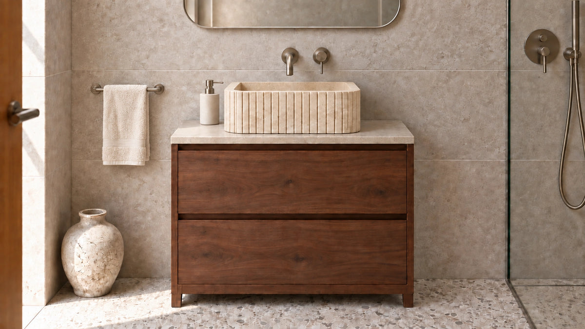 Cross-Cut Beige Travertine Floating Ribbed Bathroom Sink — 20" — bathroom lifestyle