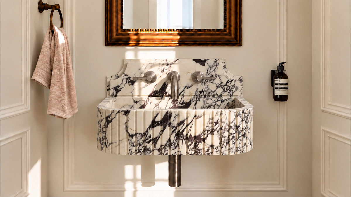 Calacatta Viola marble ribbed bathroom sink — bathroom lifestyle