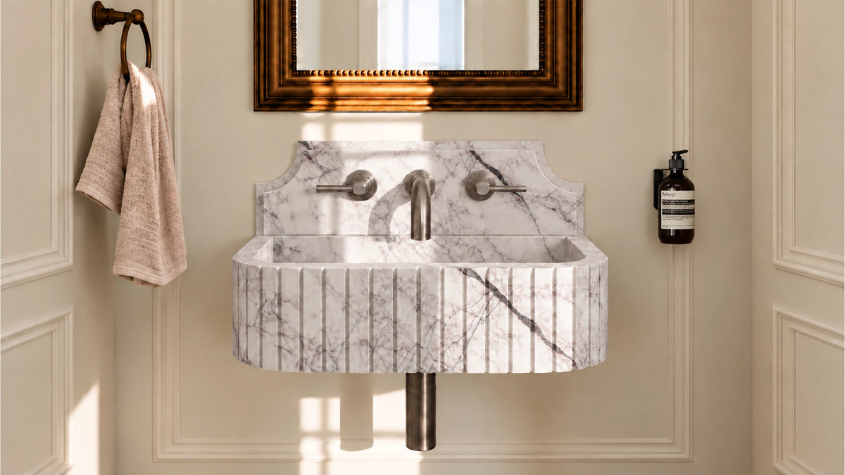 Lilac Marble Floating Ribbed Bathroom Sink — 5" Backsplash — 20" — bathroom lifestyle
