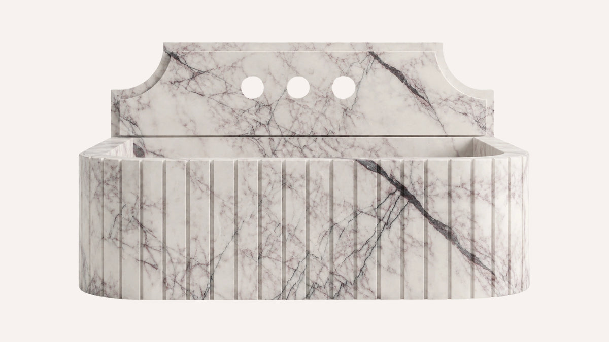 Lilac Marble Floating Ribbed Bathroom Sink — 5" Backsplash — 20" — product view