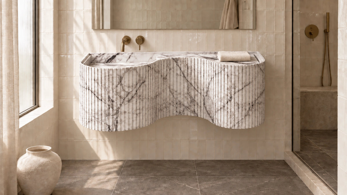 Lilac Marble Floating Ribbed Bathroom Sink — 48" — bathroom lifestyle