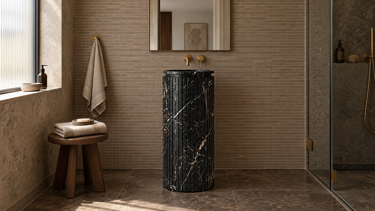 Nero Marquina Marble Pedestal Ribbed Bathroom Sink — 16" — bathroom lifestyle