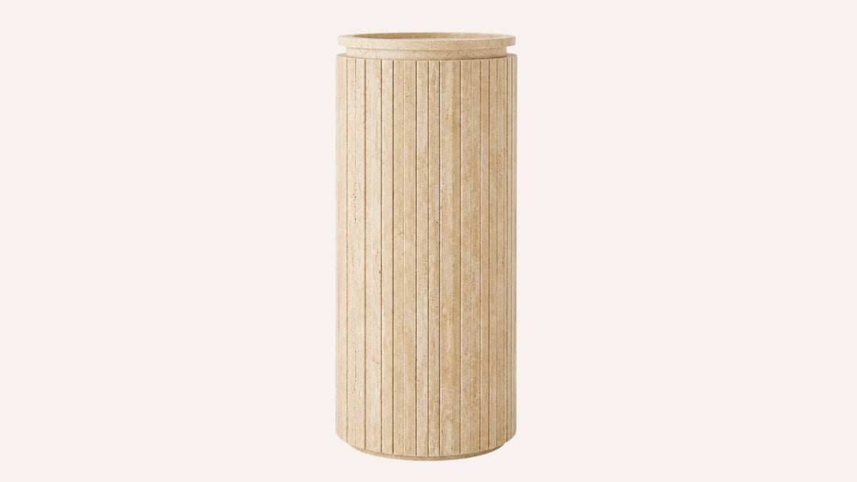 Cross-Cut Beige Travertine Pedestal Ribbed Bathroom Sink — 16" — product view