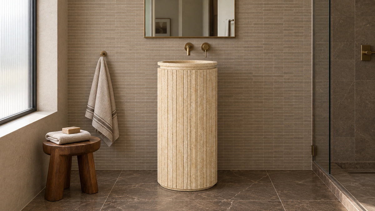 Cross-Cut Beige Travertine Pedestal Ribbed Bathroom Sink — 16" — bathroom lifestyle