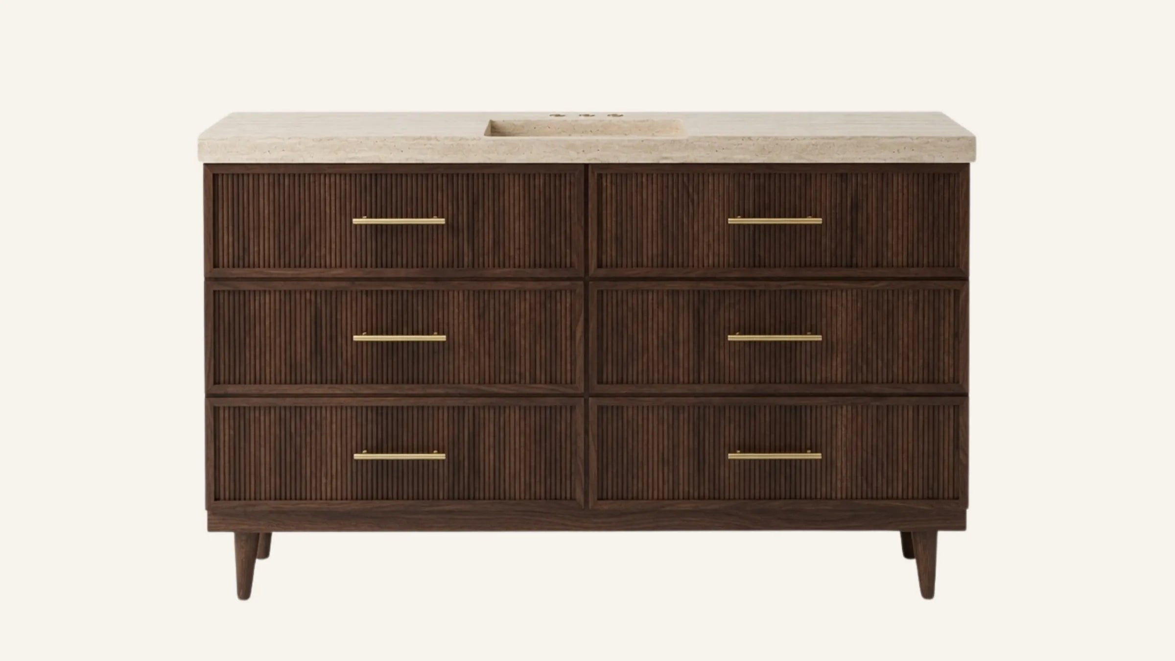 Freestanding Dark Walnut Bathroom Vanity Unit, Vein-Cut Beige Travertine — 60"