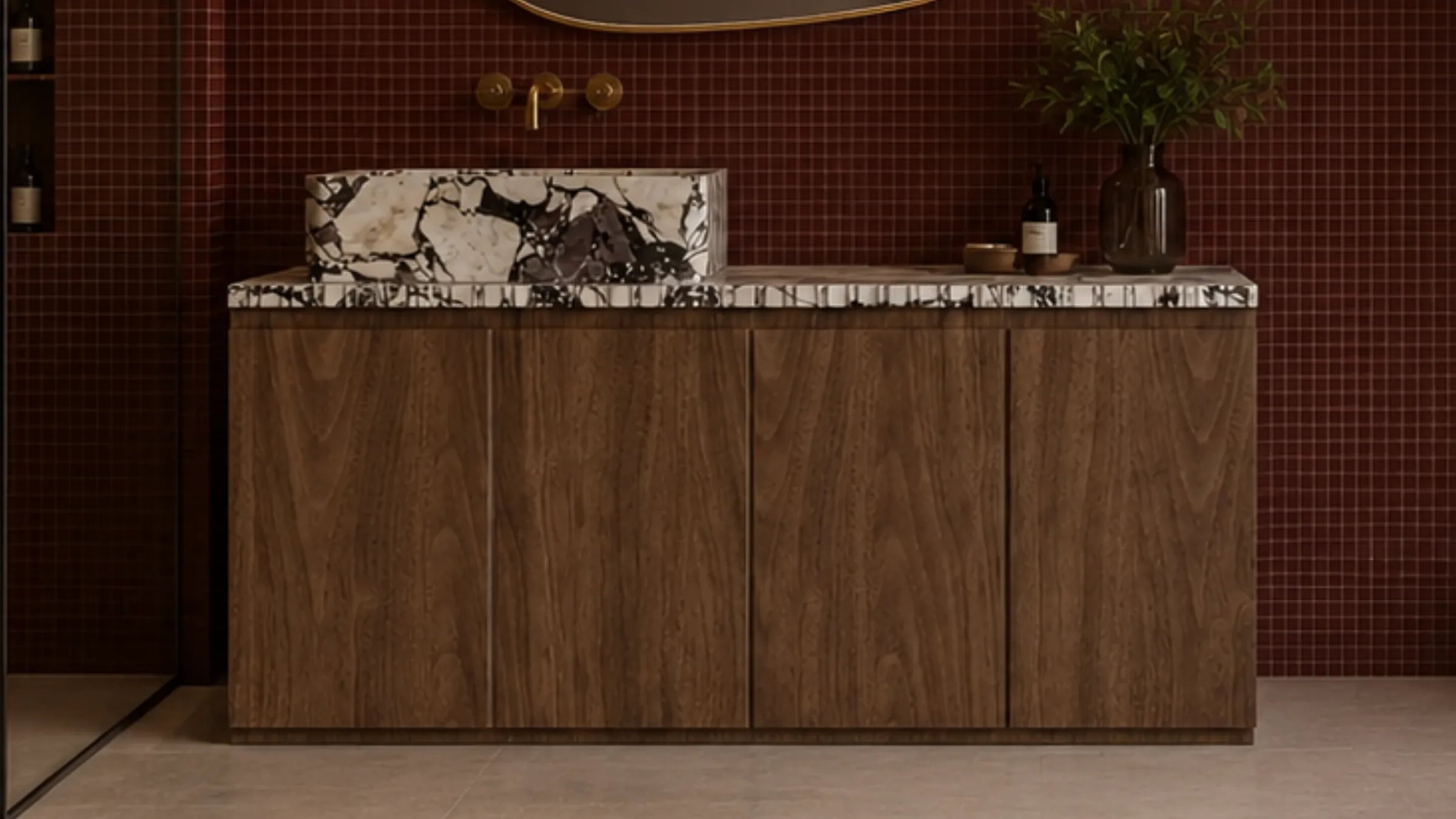 Freestanding Light Walnut Bathroom Vanity Unit, Calacatta Viola Marble — 60"