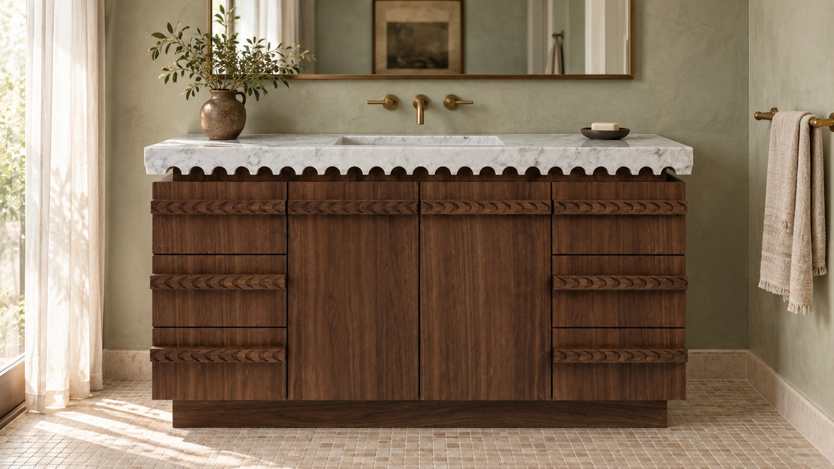 Freestanding Dark Walnut Bathroom Vanity Unit, Carrara White Marble— 60" — bathroom lifestyle