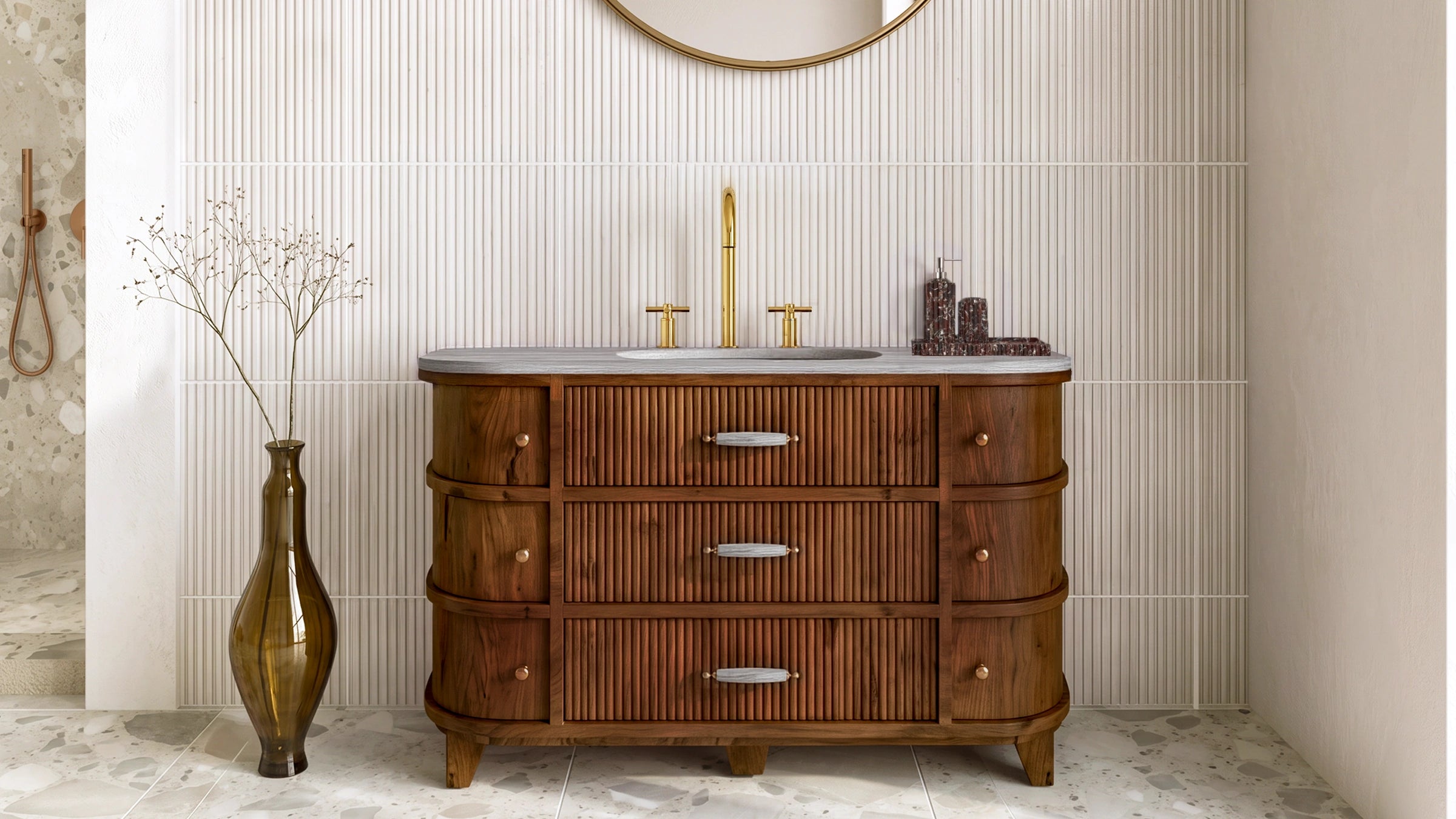 Freestanding Chestnut Oak Bathroom Vanity Unit, Vein-Cut Beige Travertine — 50"