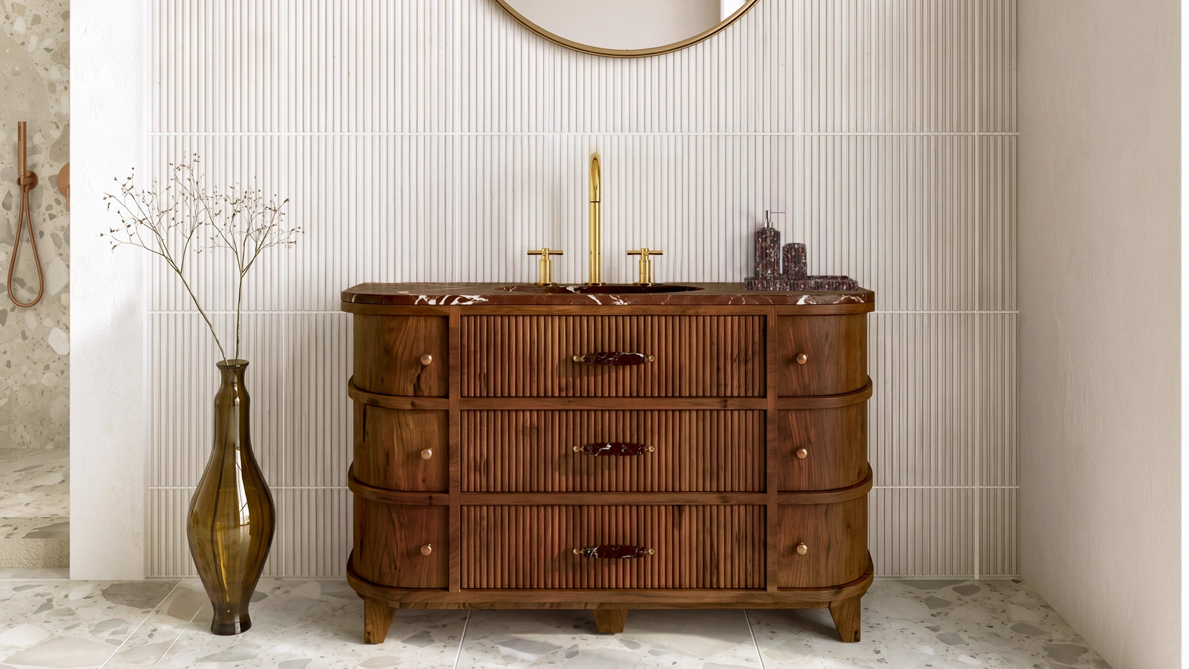 Freestanding Chestnut Oak Bathroom Vanity Unit, Rosso Levanto Marble — 50"