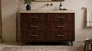 Freestanding Dark Walnut Bathroom Vanity Unit, Vein-Cut Beige Travertine — 48"