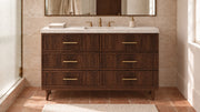 Freestanding Dark Walnut Bathroom Vanity Unit, Limestone — 48" — bathroom lifestyle