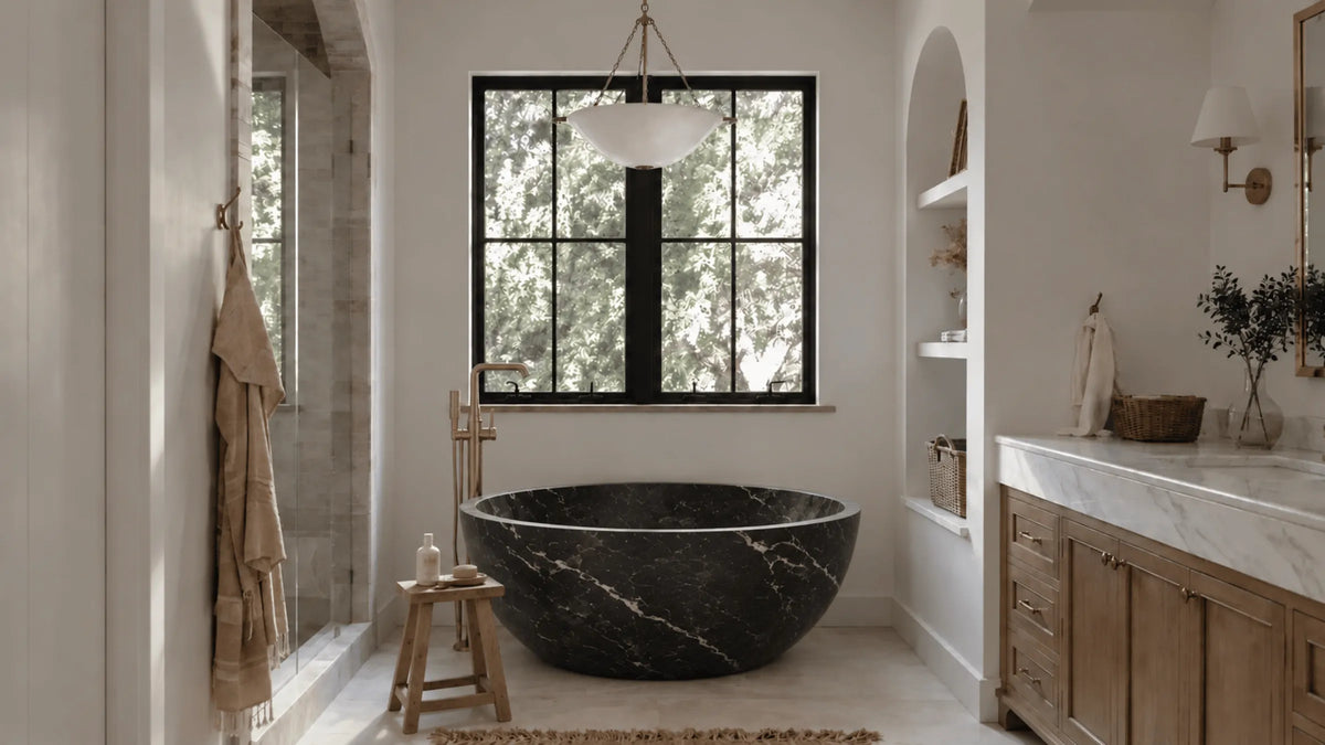 Nero Marquina Marble Round Freestanding Bathtub — 60"