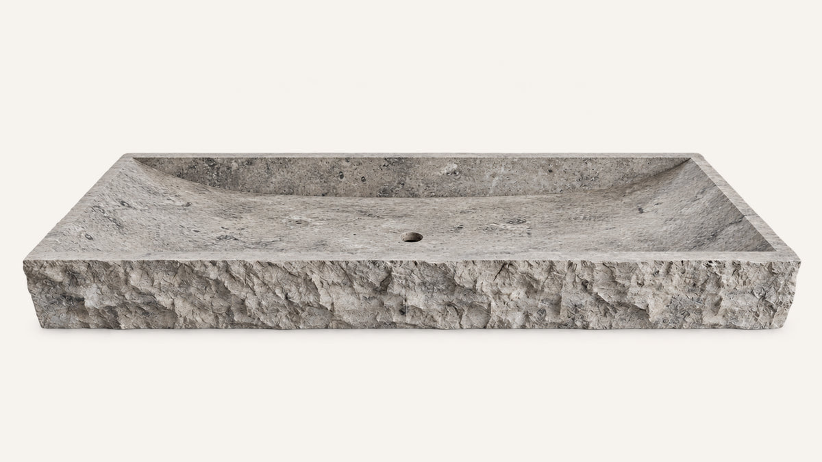 Cross-Cut Silver Travertine hand split sink — isolated product view