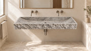 Cross-Cut Silver Travertine Floating Double Hand Split Bathroom Sink — 48" — lifestyle bathroom view