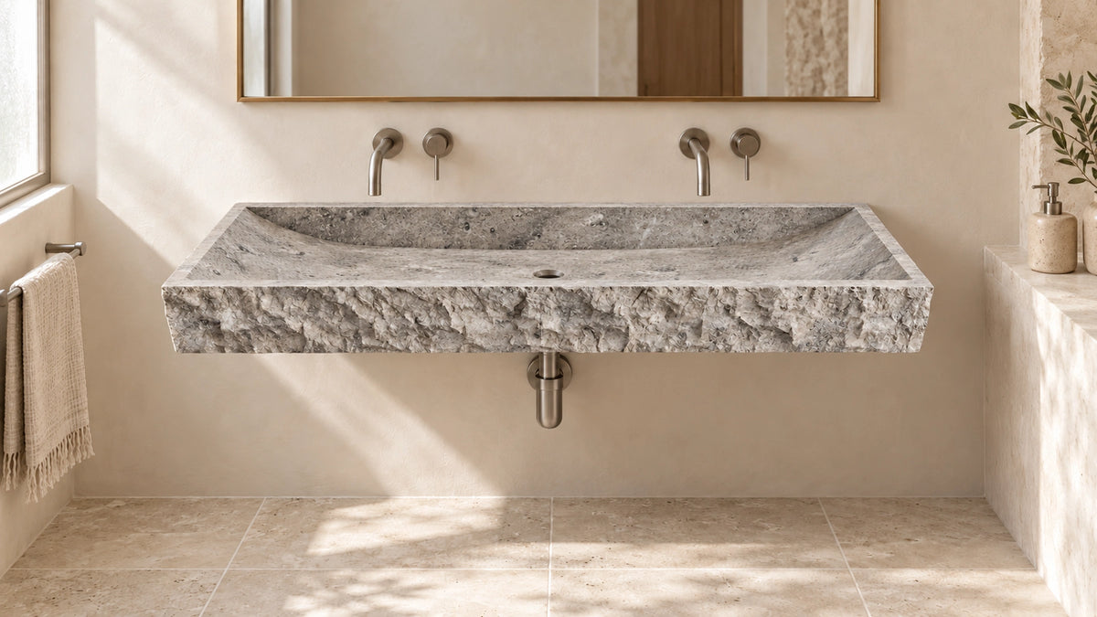Cross-Cut Silver Travertine Floating Double Hand Split Bathroom Sink — 48" — lifestyle bathroom view