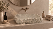 Seagrass Limestone Vessel Hand Split Bathroom Sink — 21" — lifestyle bathroom view