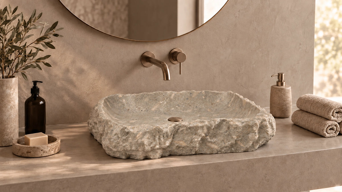 Seagrass Limestone Vessel Hand Split Bathroom Sink — 21" — lifestyle bathroom view