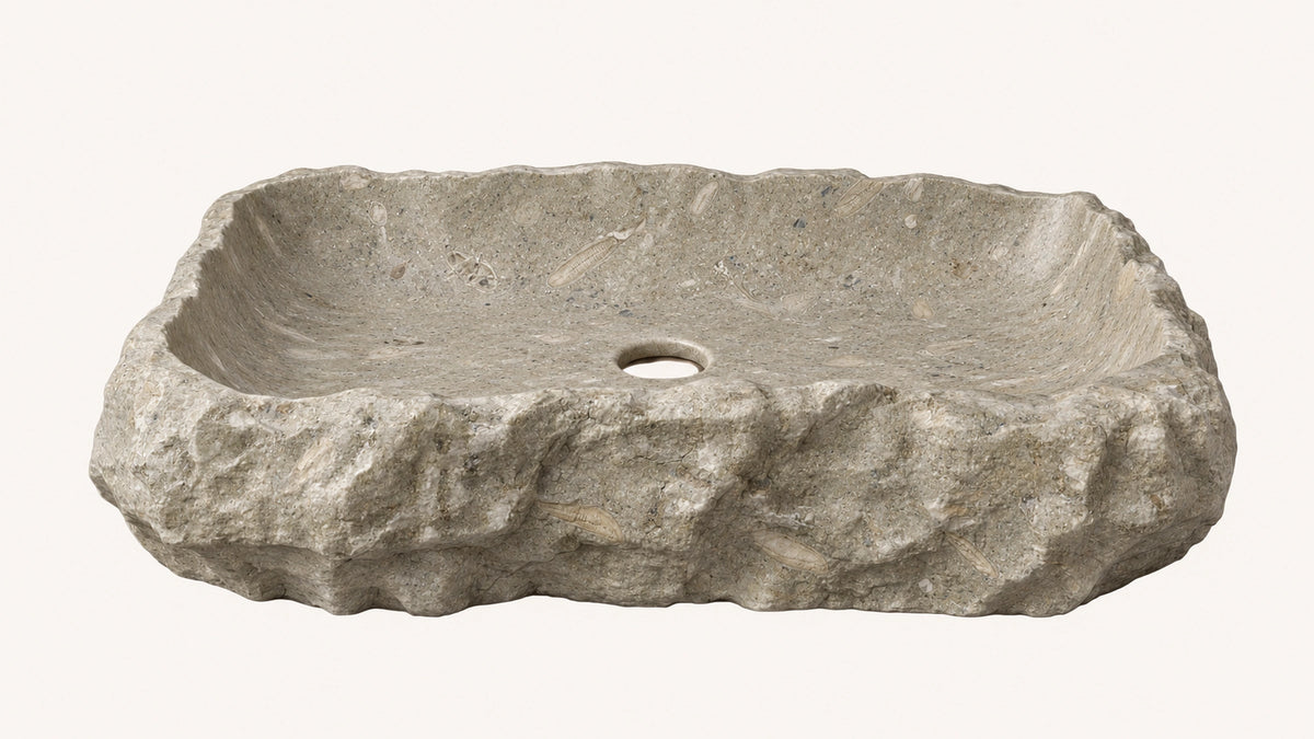 Seagrass Limestone Vessel Hand Split Bathroom Sink — 21" — isolated product view