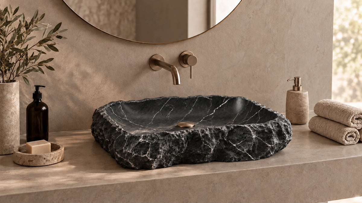Nero Marquina Marble Vessel Hand Split Bathroom Sink — 21" — lifestyle bathroom view