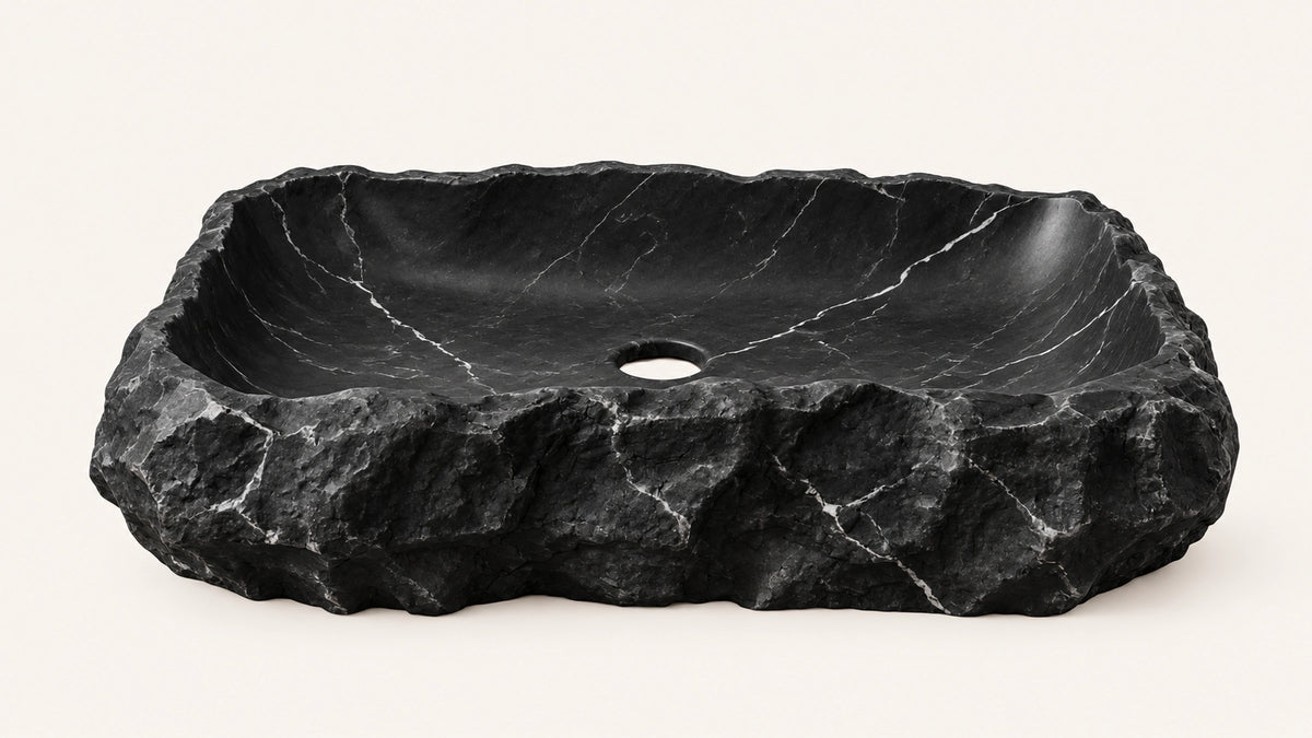 Nero Marquina Marble Vessel Hand Split Bathroom Sink — 21" — isolated product view