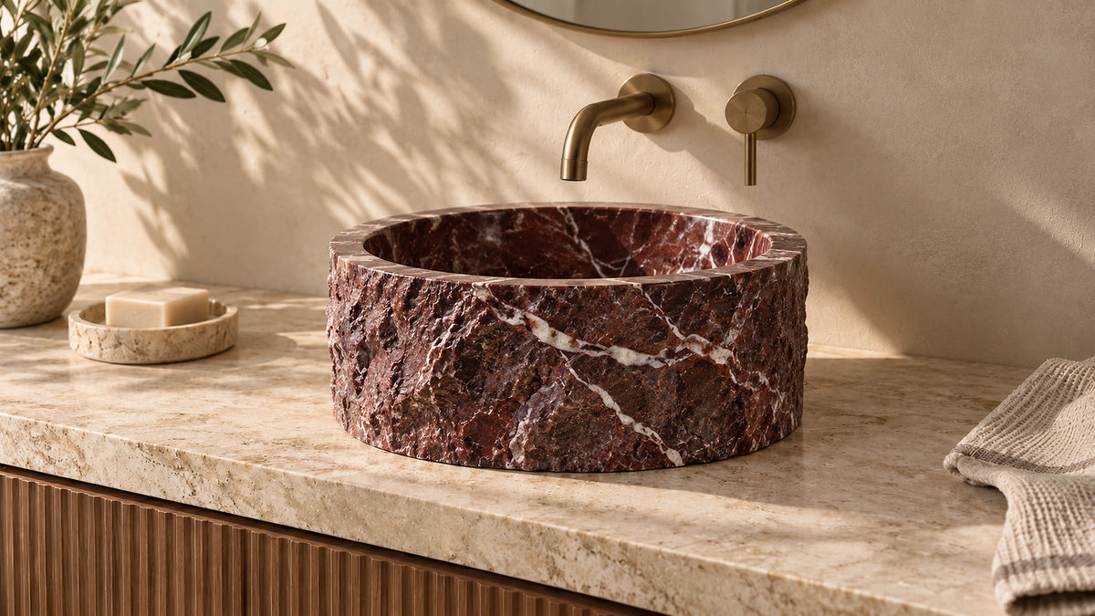 Rosso Levanto marble hand split vessel sink lifestyle image