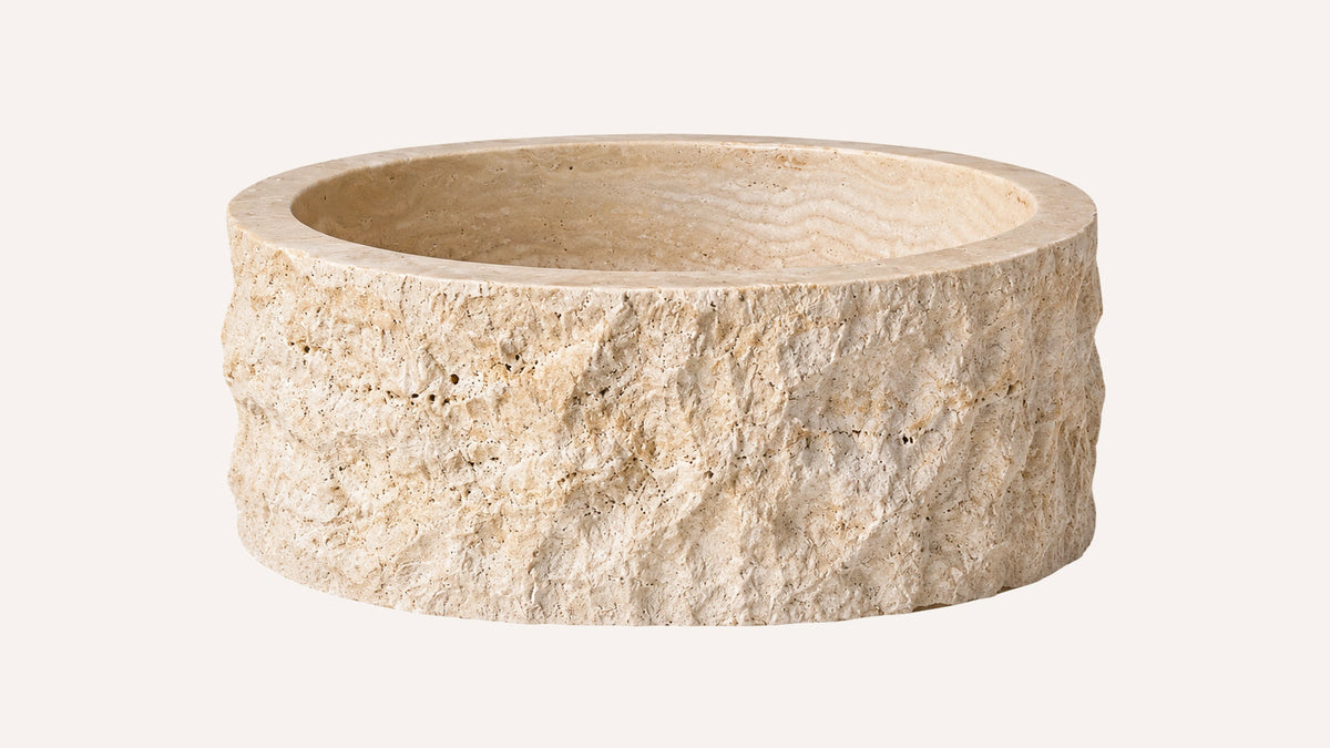 Cross-Cut Beige Travertine vessel hand split bathroom sink — 16 inch