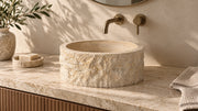 Cross-Cut Beige Travertine hand split vessel sink lifestyle image