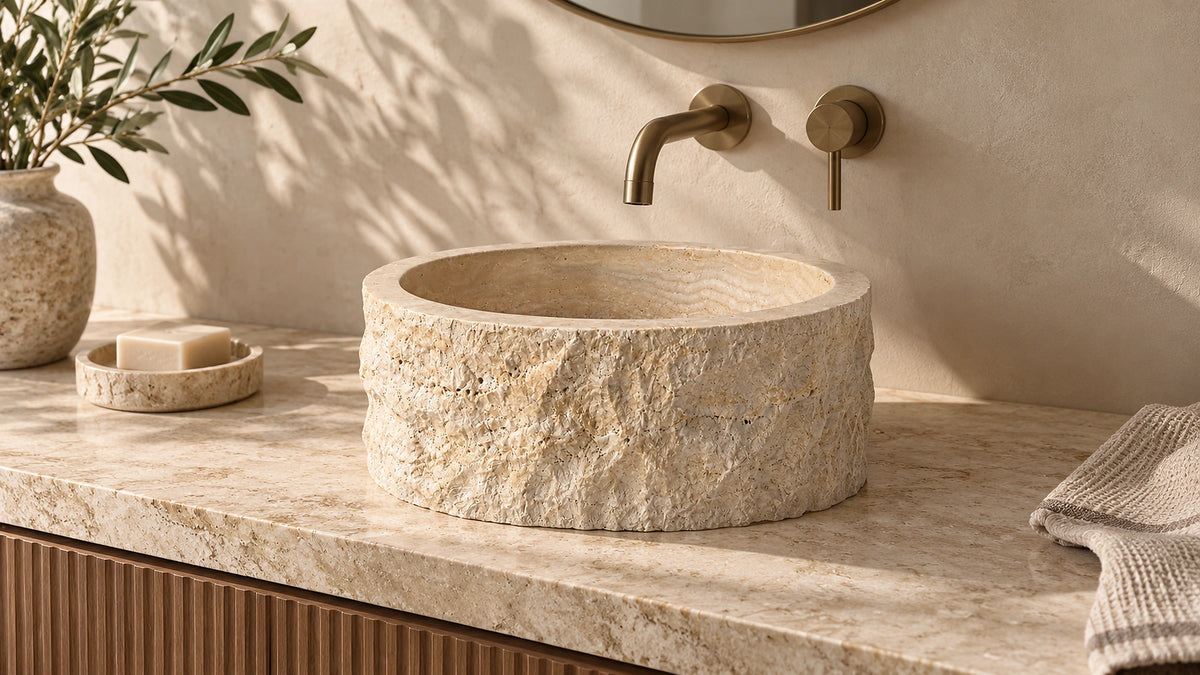 Cross-Cut Beige Travertine hand split vessel sink lifestyle image