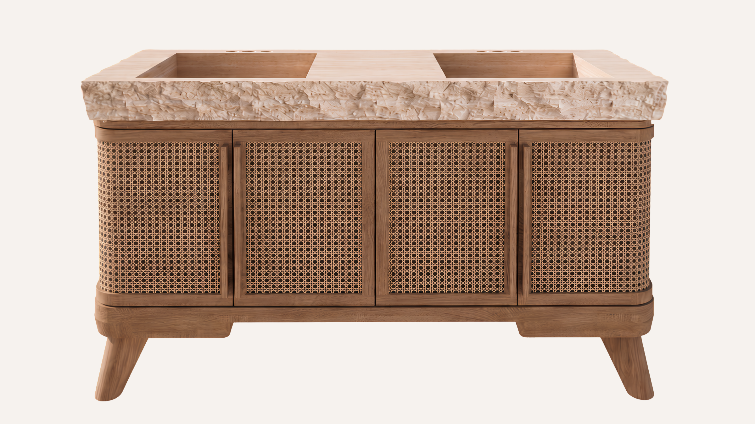 Freestanding Natural Oak Bathroom Vanity Unit, Cross-Cut Beige Travertine — 60"