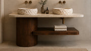 Freestanding Dark Walnut Bathroom Vanity Unit, Cross-Cut Beige Travertine — 48"