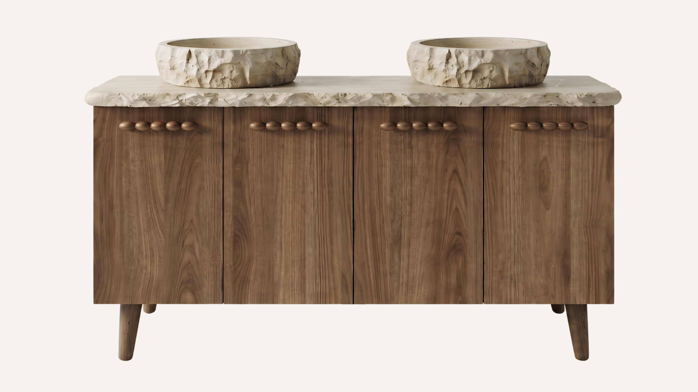 Freestanding Brown Oak Bathroom Vanity Unit, Cross-Cut Beige Travertine — 48"