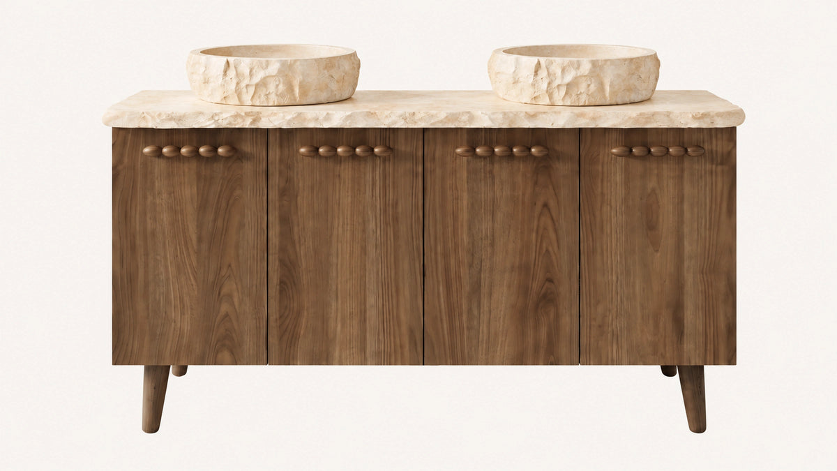 Freestanding Brown Oak Bathroom Vanity Unit, Crema Beige Marble — 48" — isolated product view