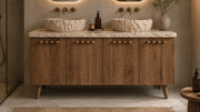 Freestanding Brown Oak Bathroom Vanity Unit, Crema Beige Marble — 48" — lifestyle bathroom view