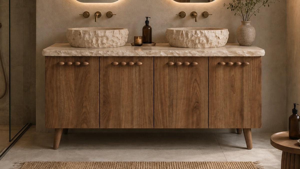 Freestanding Brown Oak Bathroom Vanity Unit, Crema Beige Marble — 48" — lifestyle bathroom view
