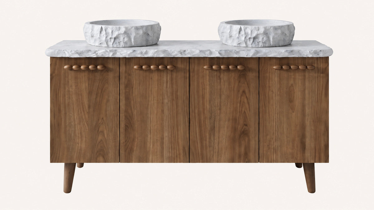 Freestanding Brown Oak Bathroom Vanity Unit, Carrara White Marble — 48" — isolated product view