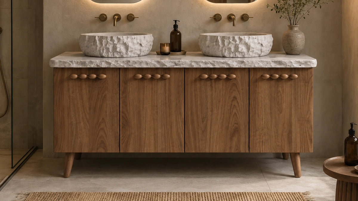 Freestanding Brown Oak Bathroom Vanity Unit, Carrara White Marble — 48" — lifestyle bathroom view
