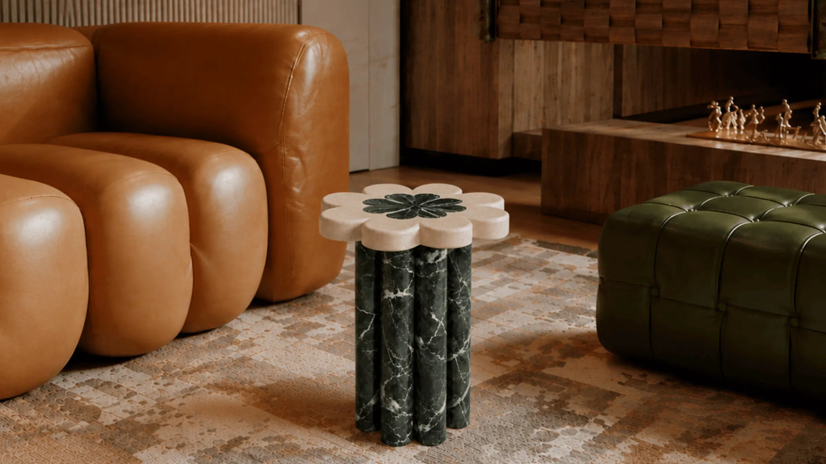Flower Marble Side Table | Crema Beige & Petroleum Green
