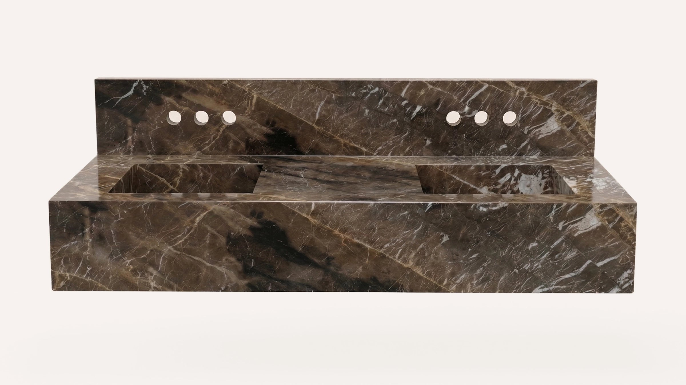 King Brown Marble Floating Double Bathroom Sink —10" Backsplash — 60"