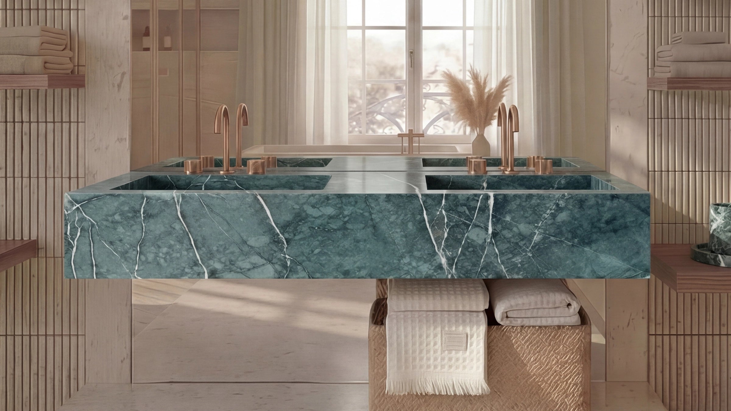 Spider Green Marble Floating Double Bathroom Sink — 60"