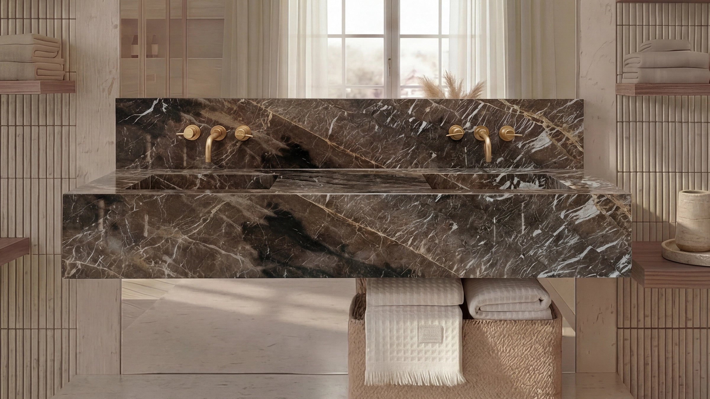King Brown Marble Floating Double Bathroom Sink —10
