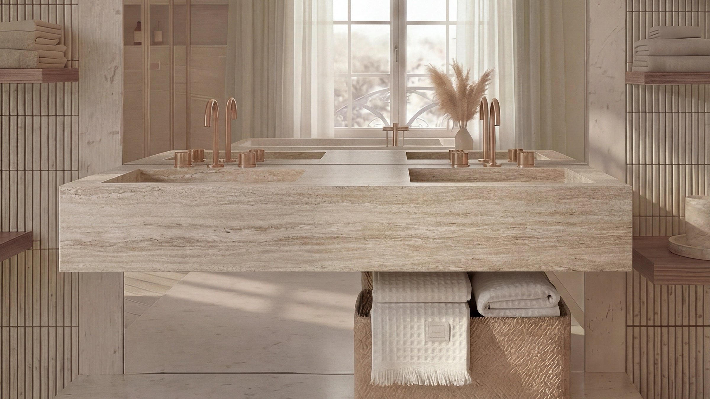 Vein-Cut Beige Travertine Floating Double Bathroom Sink — 60"